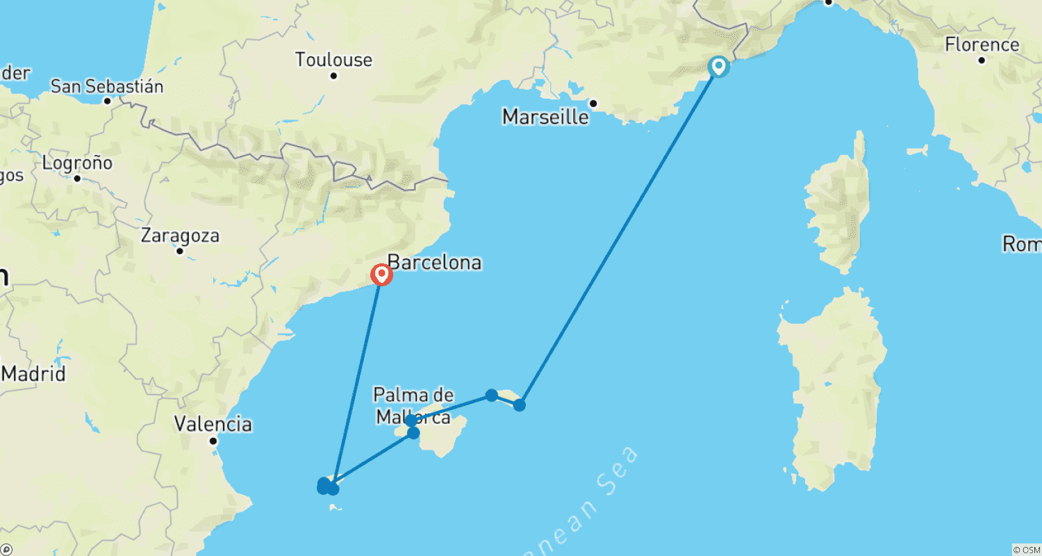Mapa do percurso de Sol e Diversão nas Ilhas Baleares
Um cruzeiro emocionante para Barcelona e as Ilhas Baleares (pacote porto a porto)