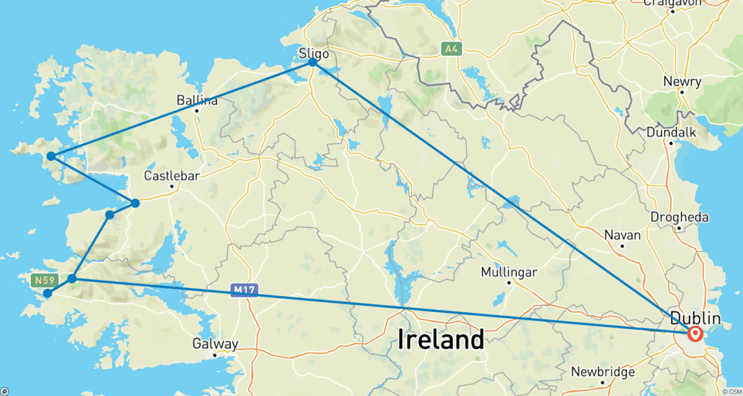 Mapa do percurso de Excursão a Pé pelo Oeste Celta da Irlanda | 7 Dias