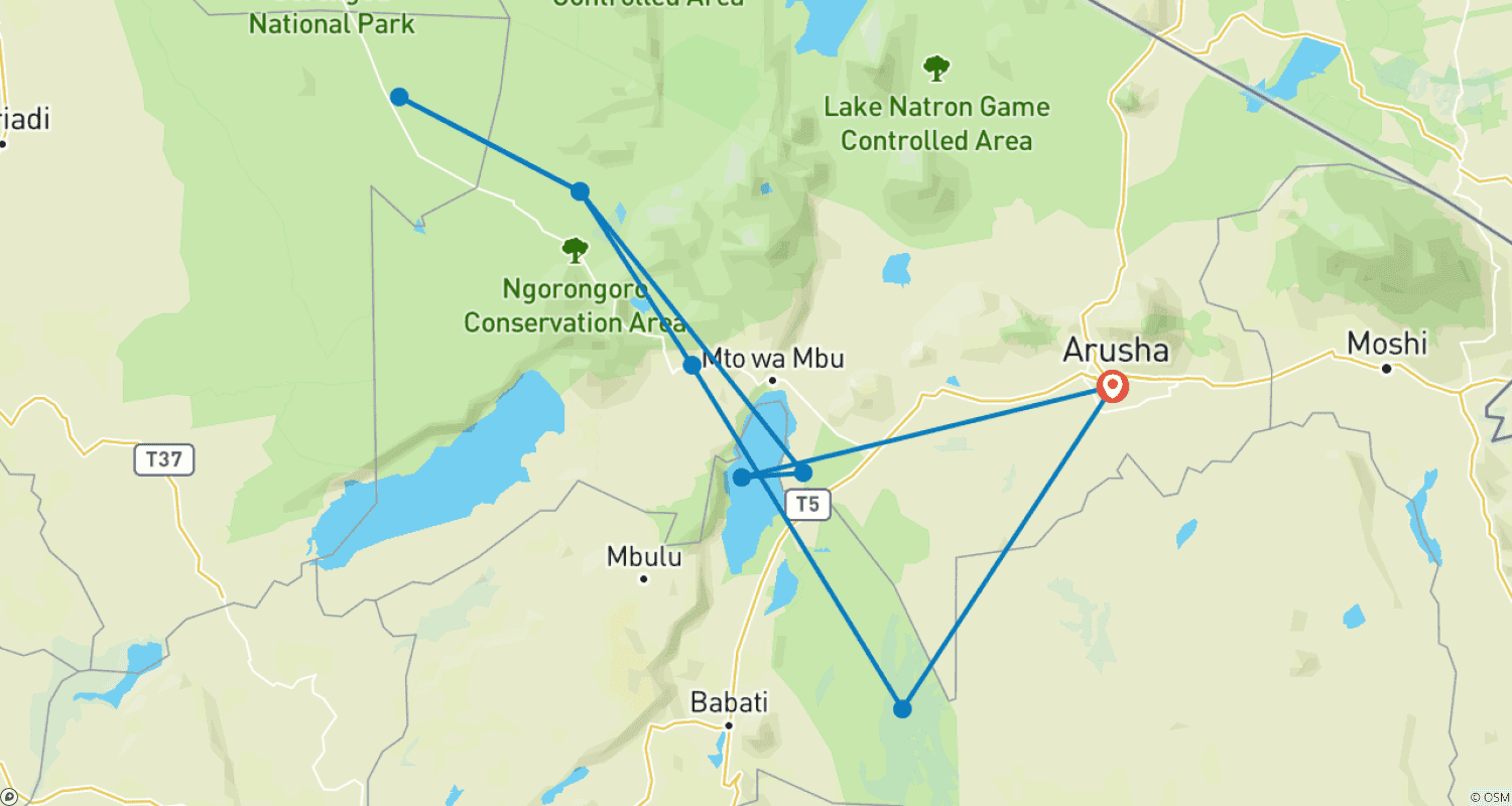 Mapa trasy: 8-dniowa migracja Serengeti od czerwca do sierpnia (średni standard)