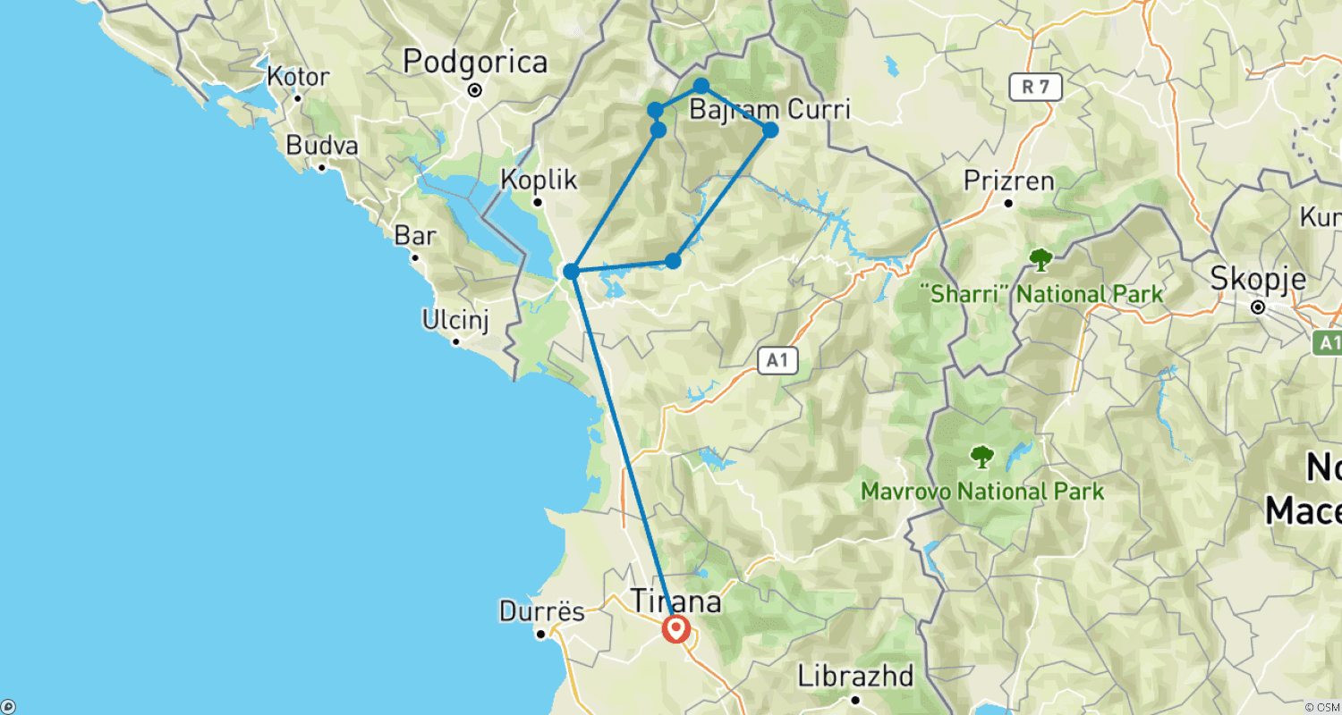 Mapa do percurso de Explorador Autoguiado dos Alpes - Uma Jornada Pelos Destaques dos Alpes Albaneses (8 Dias)