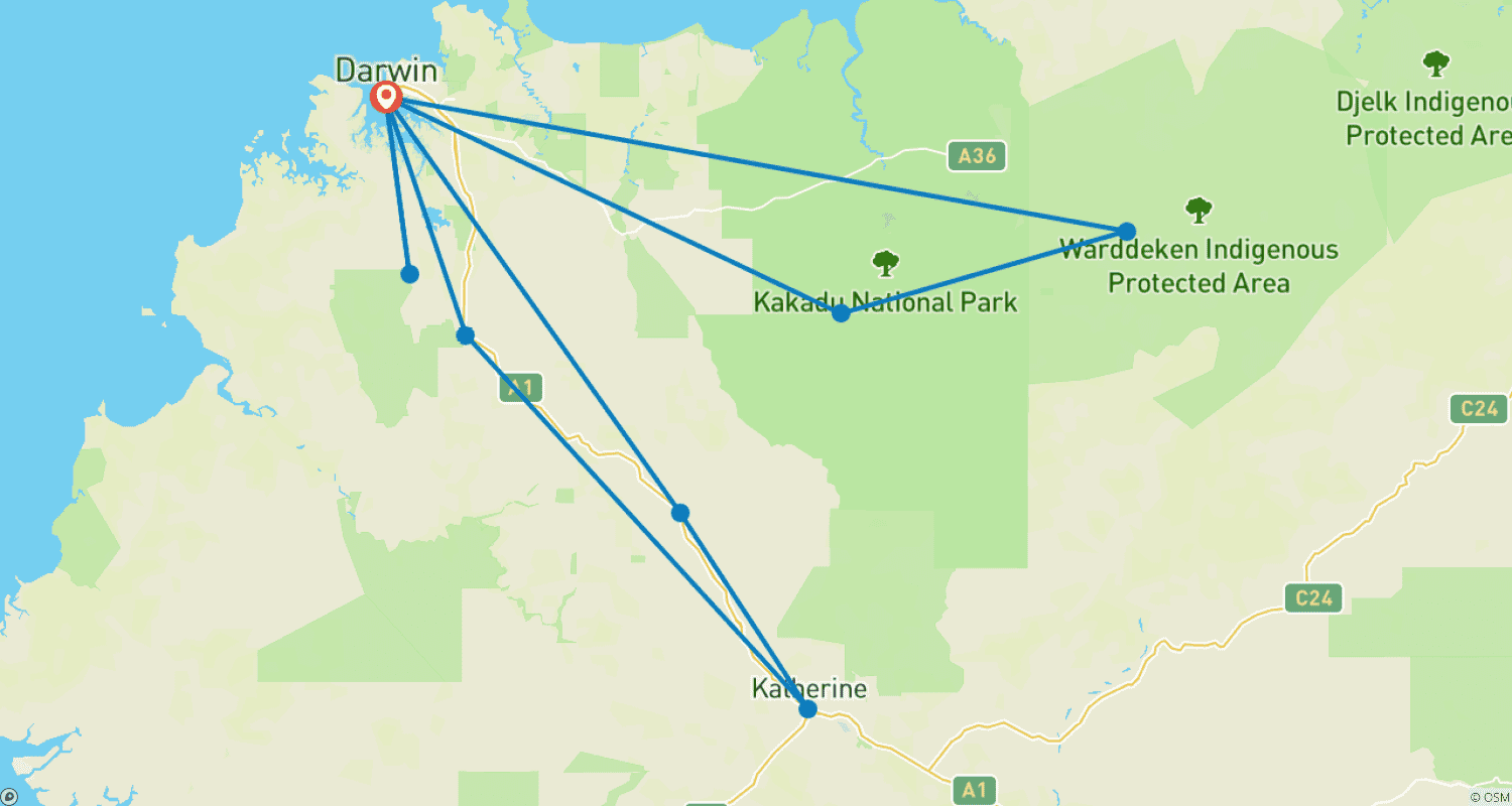 【Darwin】7 Days Darwin, Kakadu National Park, Katherine Gorge Touring Packageのルートマップ