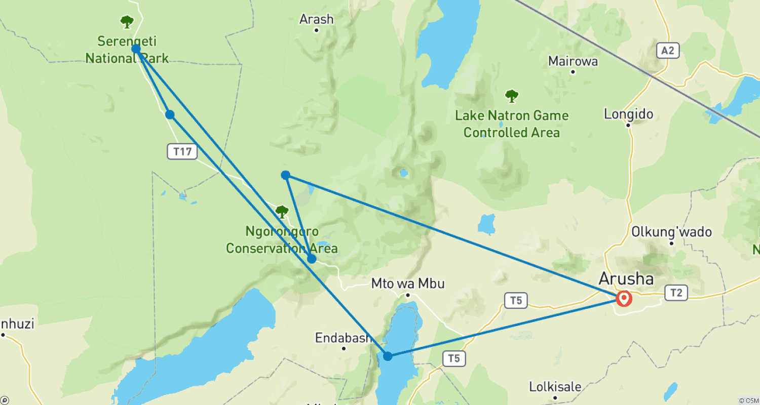 Mapa trasy: 4-dniowa obserwacja migracji gnu i lwów wspinających się na drzewa
