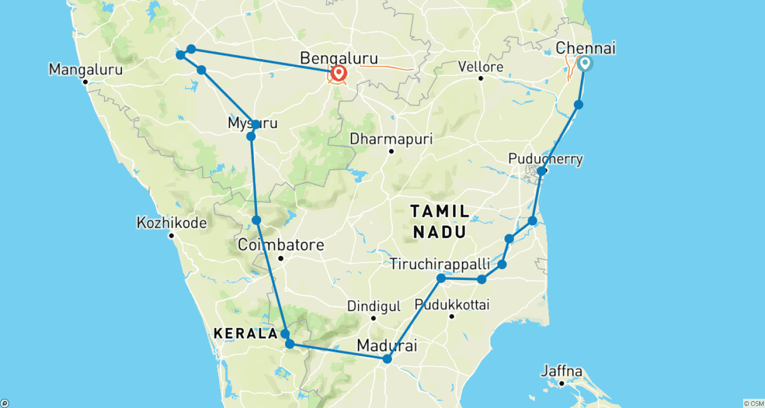 Mapa trasy: Chennai do Bangalore: Bogate świątynie, plantacje herbaty i pałace Południowych Indii
