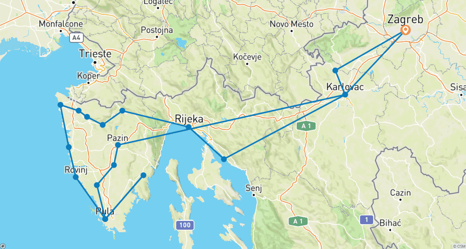 Mapa do percurso de De Zagreb: Excursão de 14 dias pela Ístria. Principais destinos costeiros do Adriático! Rovinj, Porec, Pula, Motovun, Groznjan e muito mais! Locais UNESCO e cidades antigas muradas. Muita natureza, história e arquitetura veneziana! Cidades medievais no topo de colinas. Culinária soberba