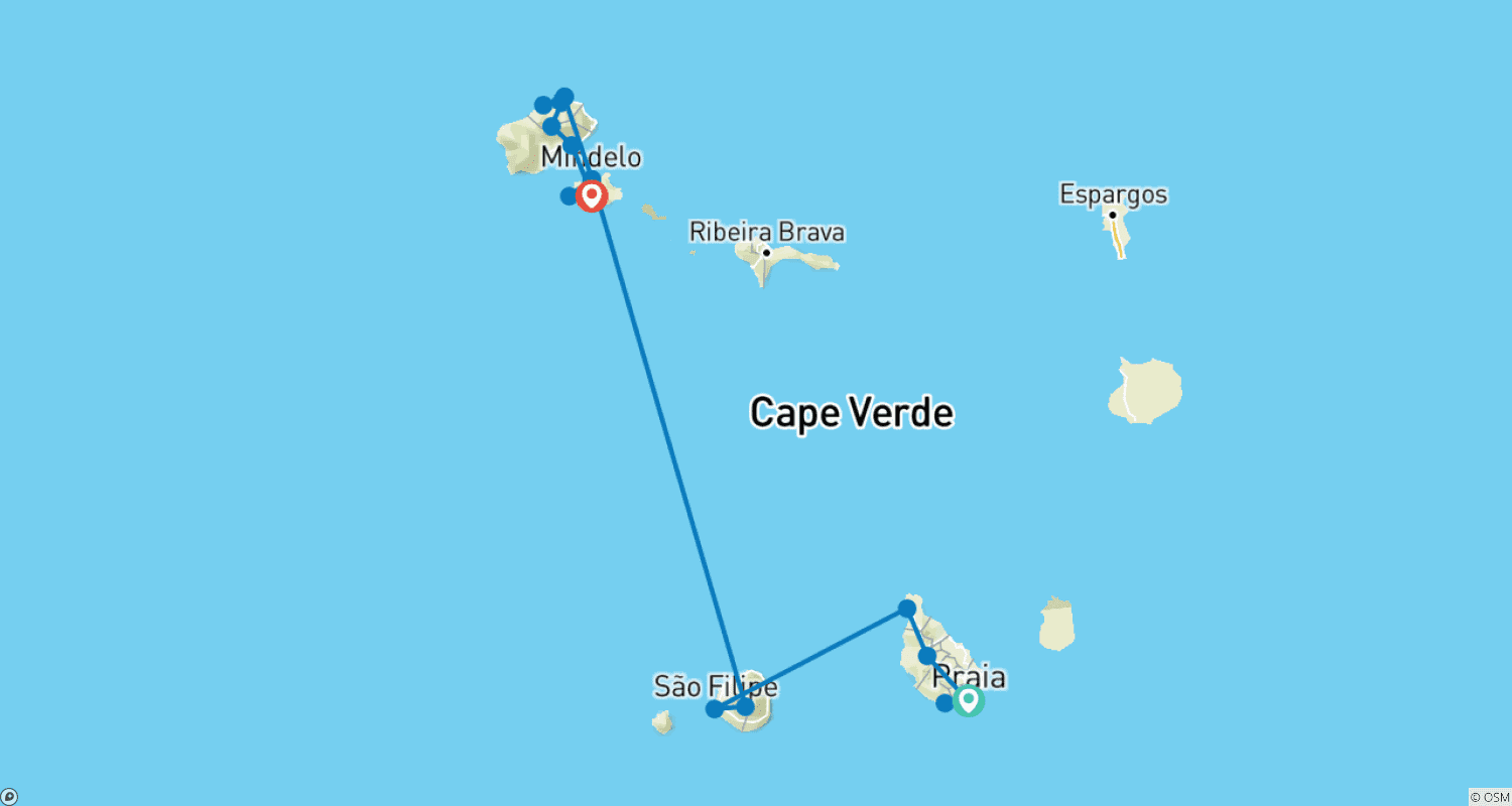 Mapa trasy: Przewodnik: Wyspy Zielonego Przylądka – Santiago, Fogo, São Vicente i Santo Antão (11 dni)