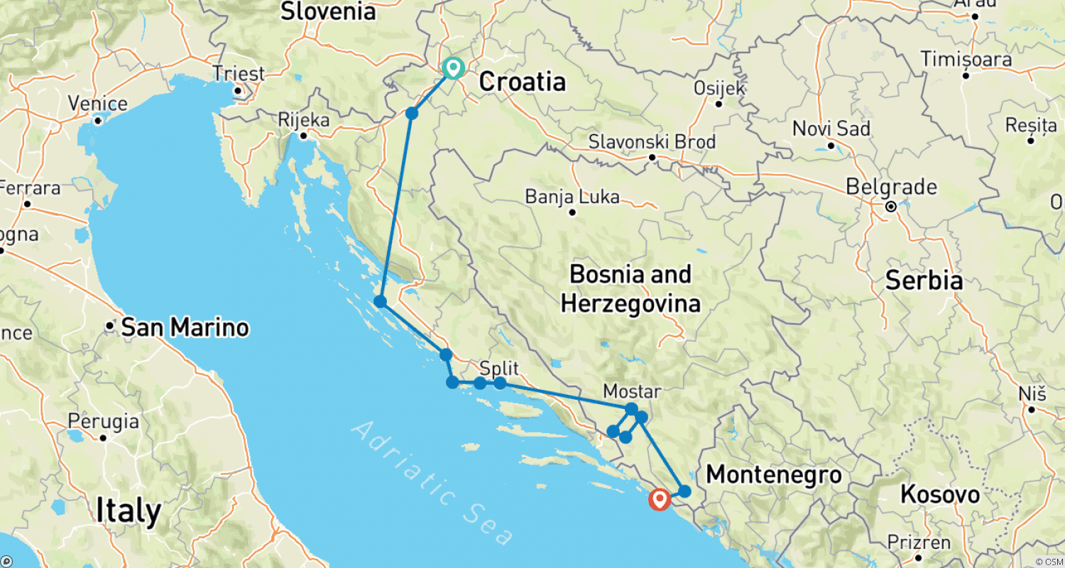 Mapa trasy: Chorwacja + Bośnia: odkrywcza 9-dniowa wycieczka na każdą porę roku z Zagrzebia do Dubrownika. Miejsca UNESCO, weneckie fortece, średniowieczne miasta i panoramiczne drogi.