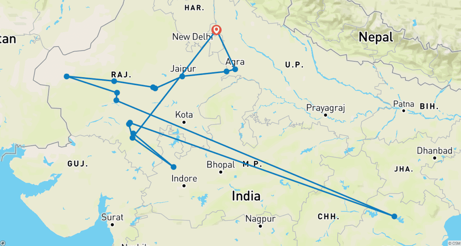 Rajasthan Historical Tourのルートマップ