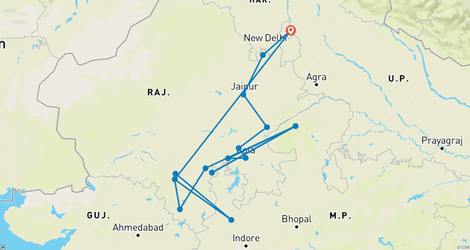 Rajasthan with Ranthamboreのルートマップ