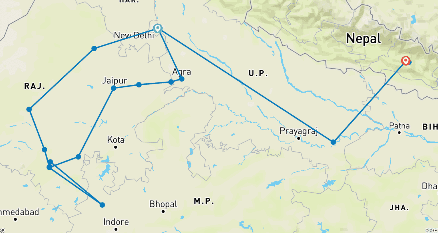 Rajasthan and Nepalのルートマップ