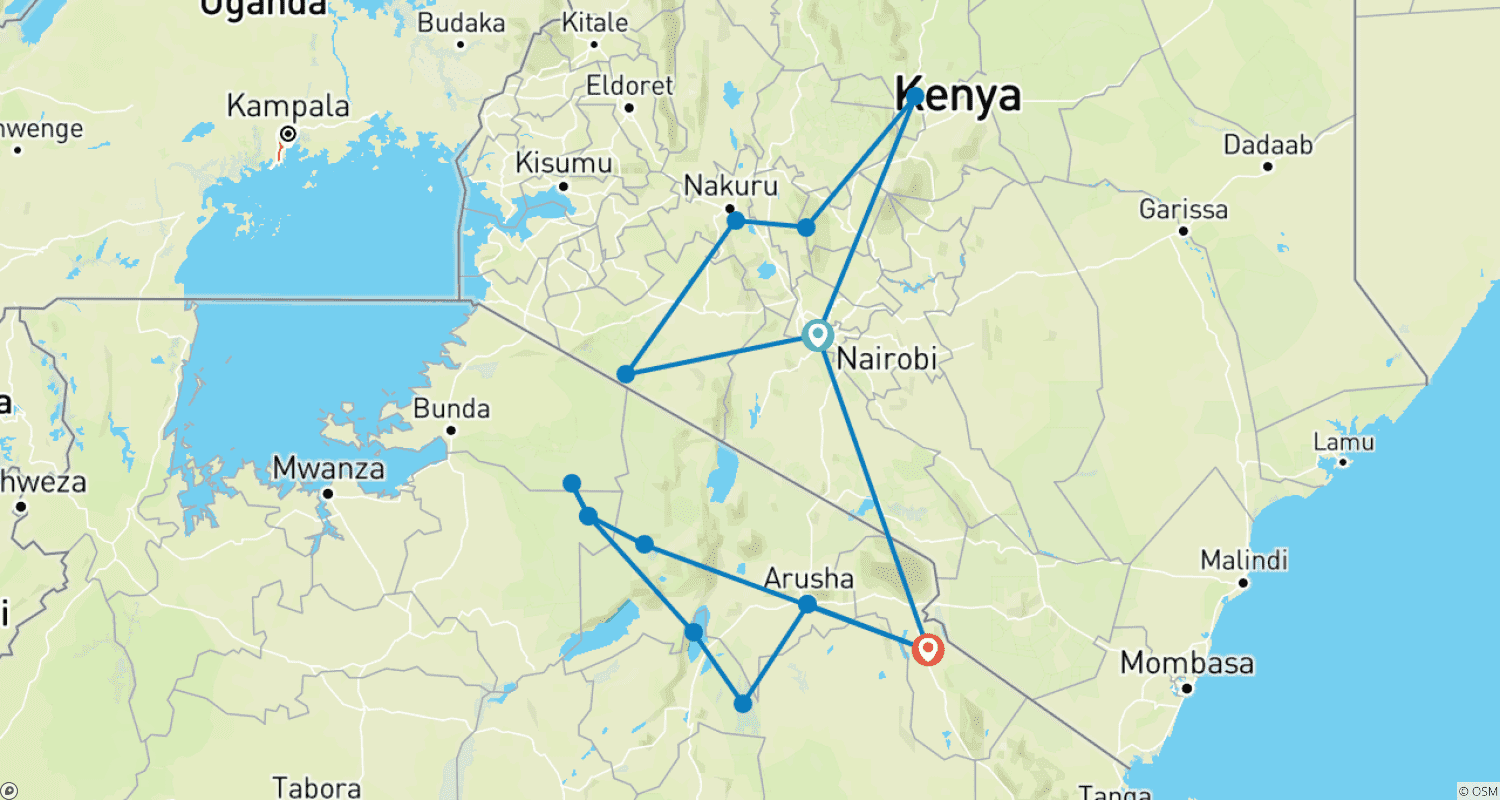 Mapa trasy: 18-dniowa eksploracja safari w Kenii i Tanzanii – luksusowe prywatne safari jeepem