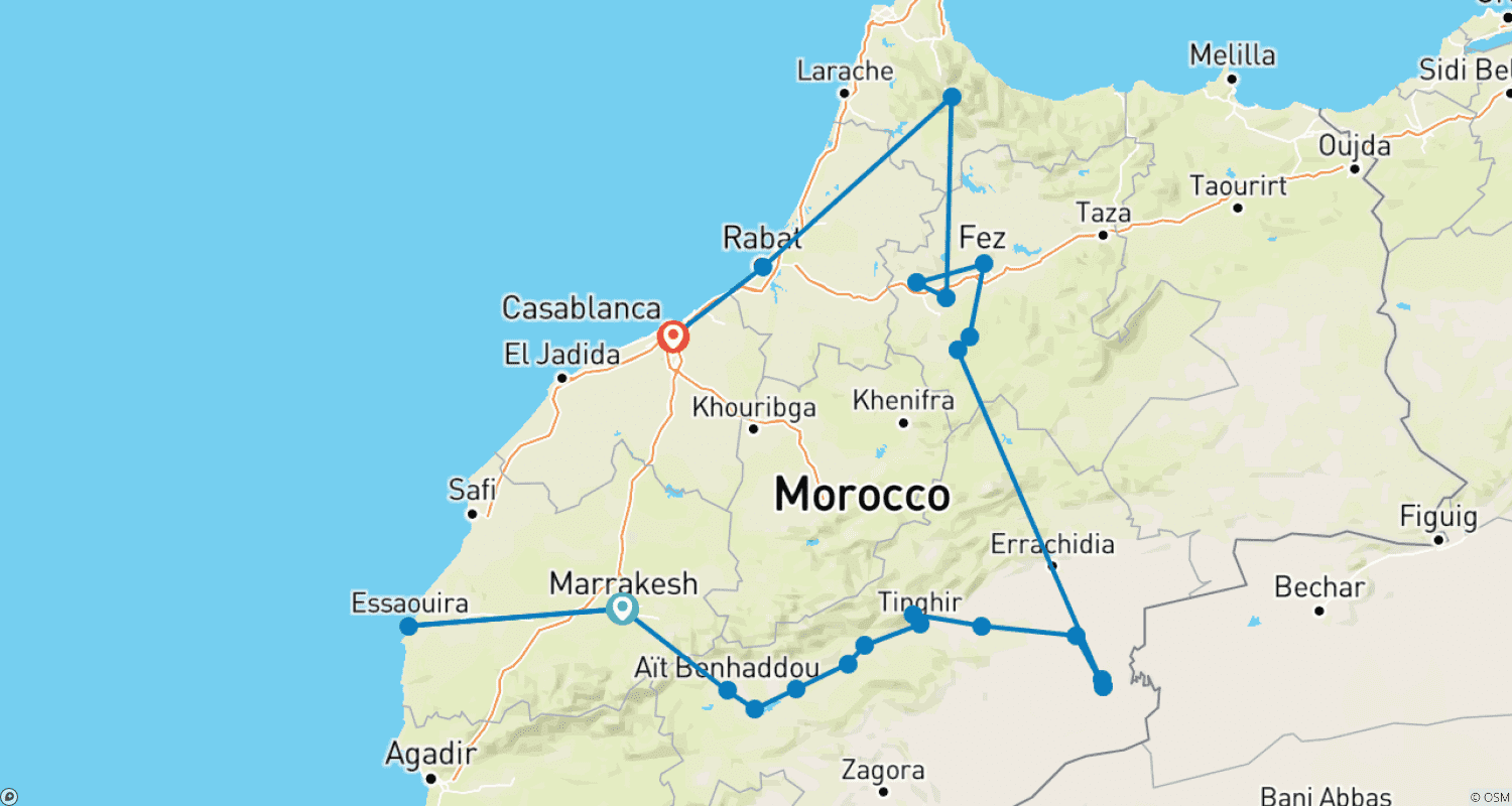 Mapa trasy: Odkrycie Maroka - 10-dniowa wycieczka z Marrakeszu do Casablanki