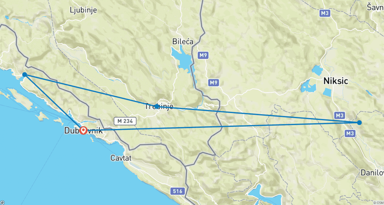 Mapa trasy: Poza sezonem 2-dniowa mikrowycieczka do Czarnogóry i Bośni z Dubrownika. Ostrog, Trebinje, Tvrdos, Vjetrenica, Zavala.