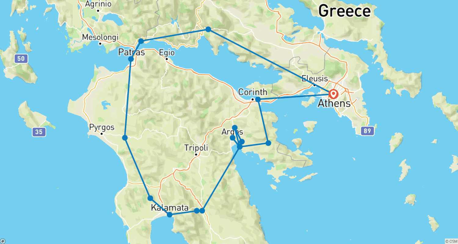 アテネ発14日間ツアーで巡るギリシャ中央地域の主要観光スポット。エピダウロス、スパルタ、メッセネ、オリンピア、デルフィなど有名観光地を探索。のルートマップ