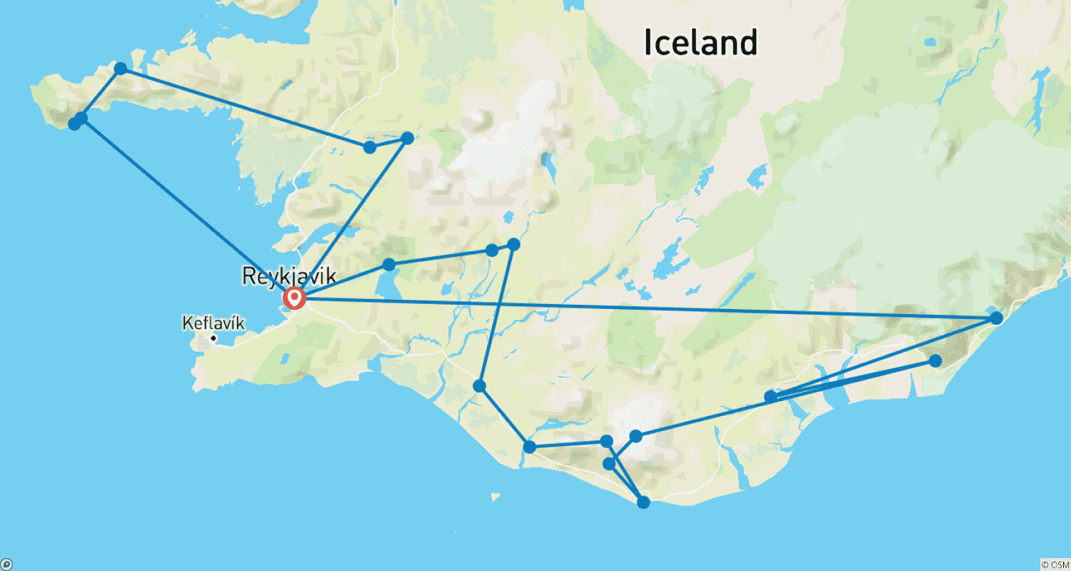 خريطة مسار جولة خاصة لمدة 4 أيام - المثلث الذهبي والساحل الجنوبي وSnæfellsnes (الشتاء)