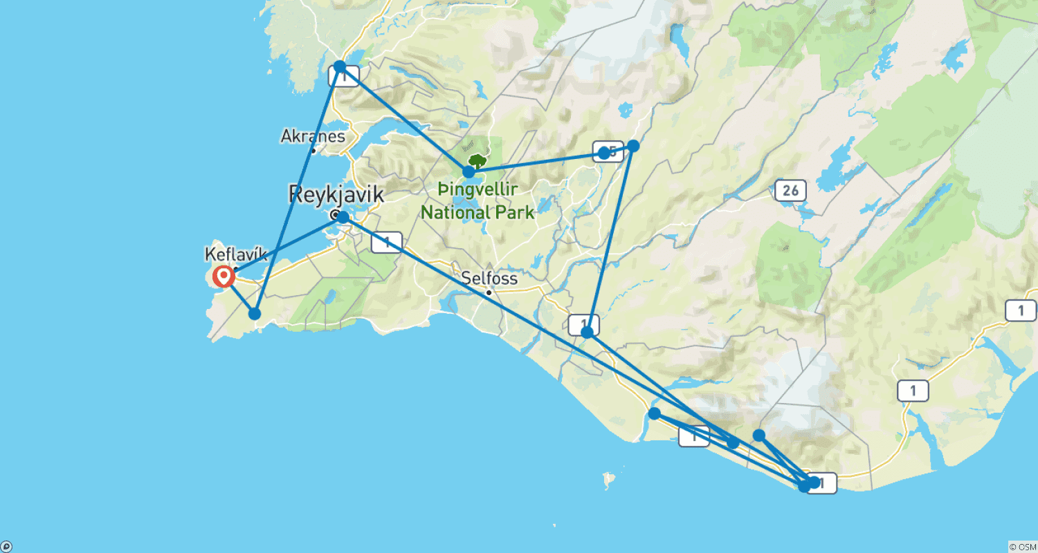 Mapa trasy: 5-dniowa prywatna wycieczka: Reykjavik, Złoty Krąg i Wybrzeże Południowe (Zima)