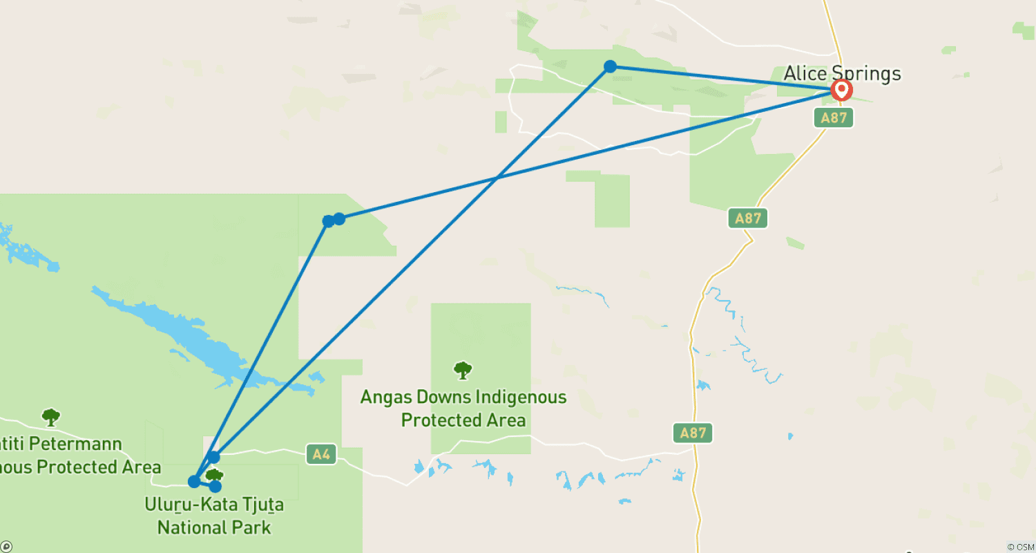【Alice Springs】Uluru Ayers Rock & Kings Canyon 8 Days Touring Packageのルートマップ