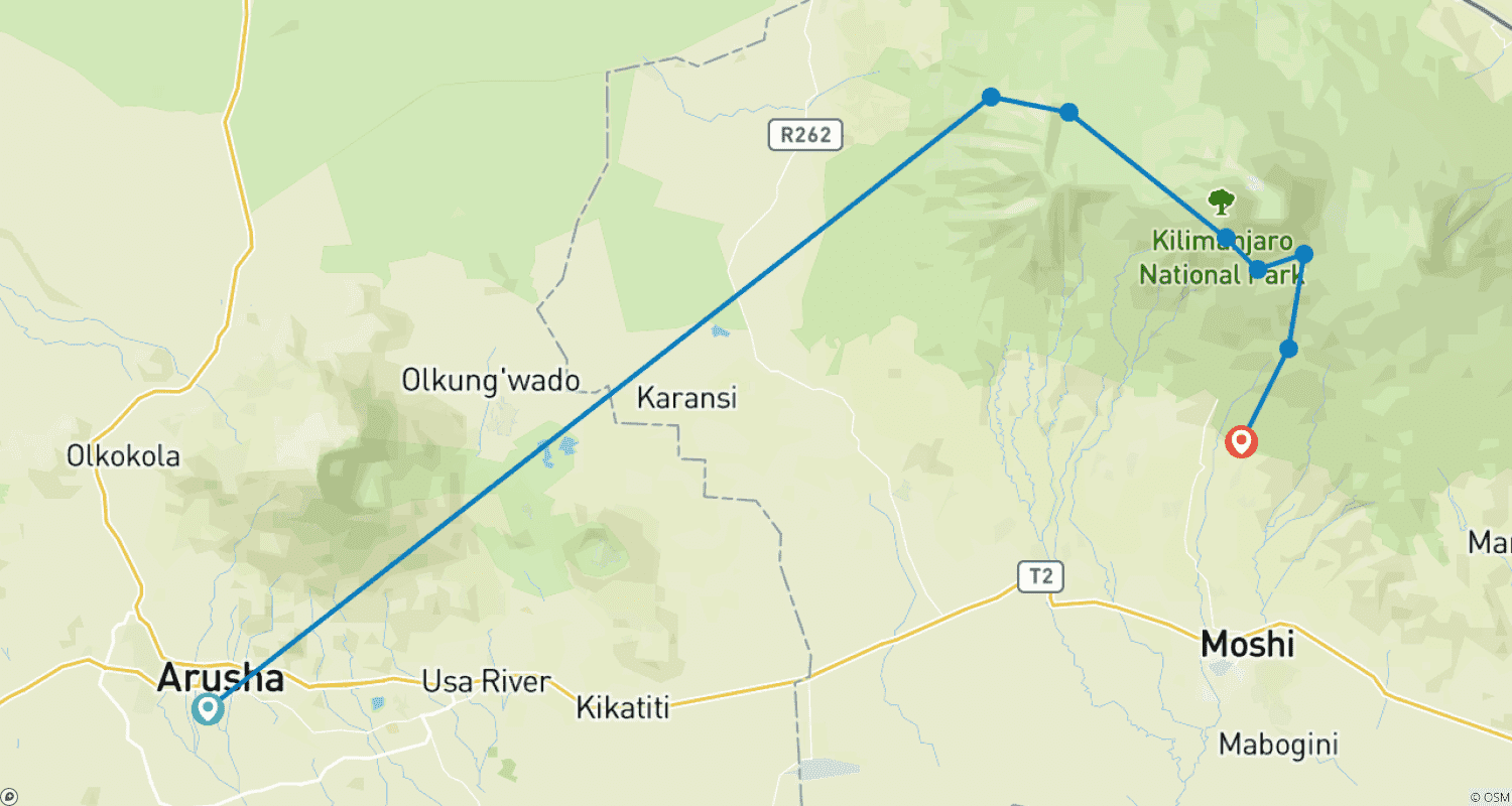 Mapa trasy: Góra Kilimandżaro 8 dni trasa Lemosho (nasza ulubiona trasa)
