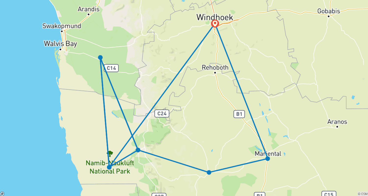 Mapa do percurso de Região de Sossusvlei: Escapada Curta, Tour Privado (Mediante Pedido)