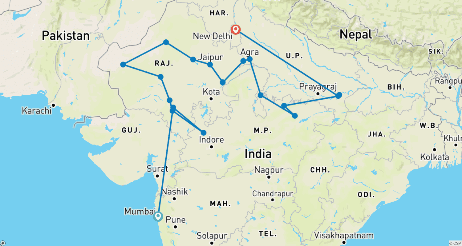 バラナシを巡る北インドツアーのルートマップ