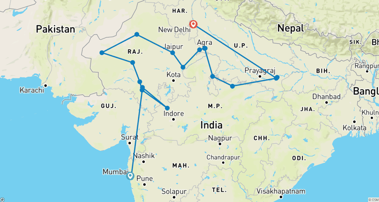 Mapa do percurso de Incrível Experiência no Norte da Índia