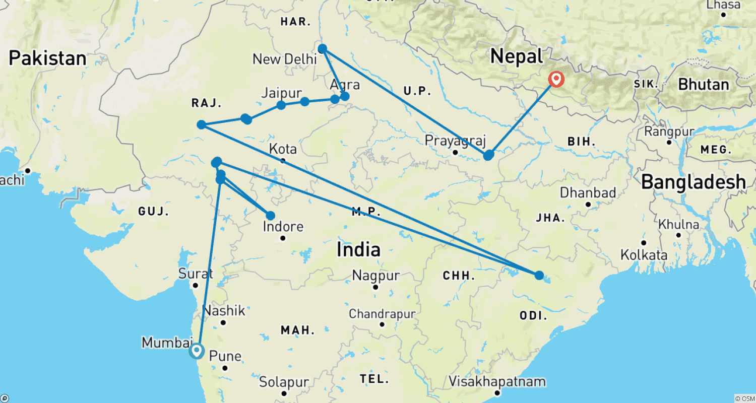 North India with Nepal Experienceのルートマップ