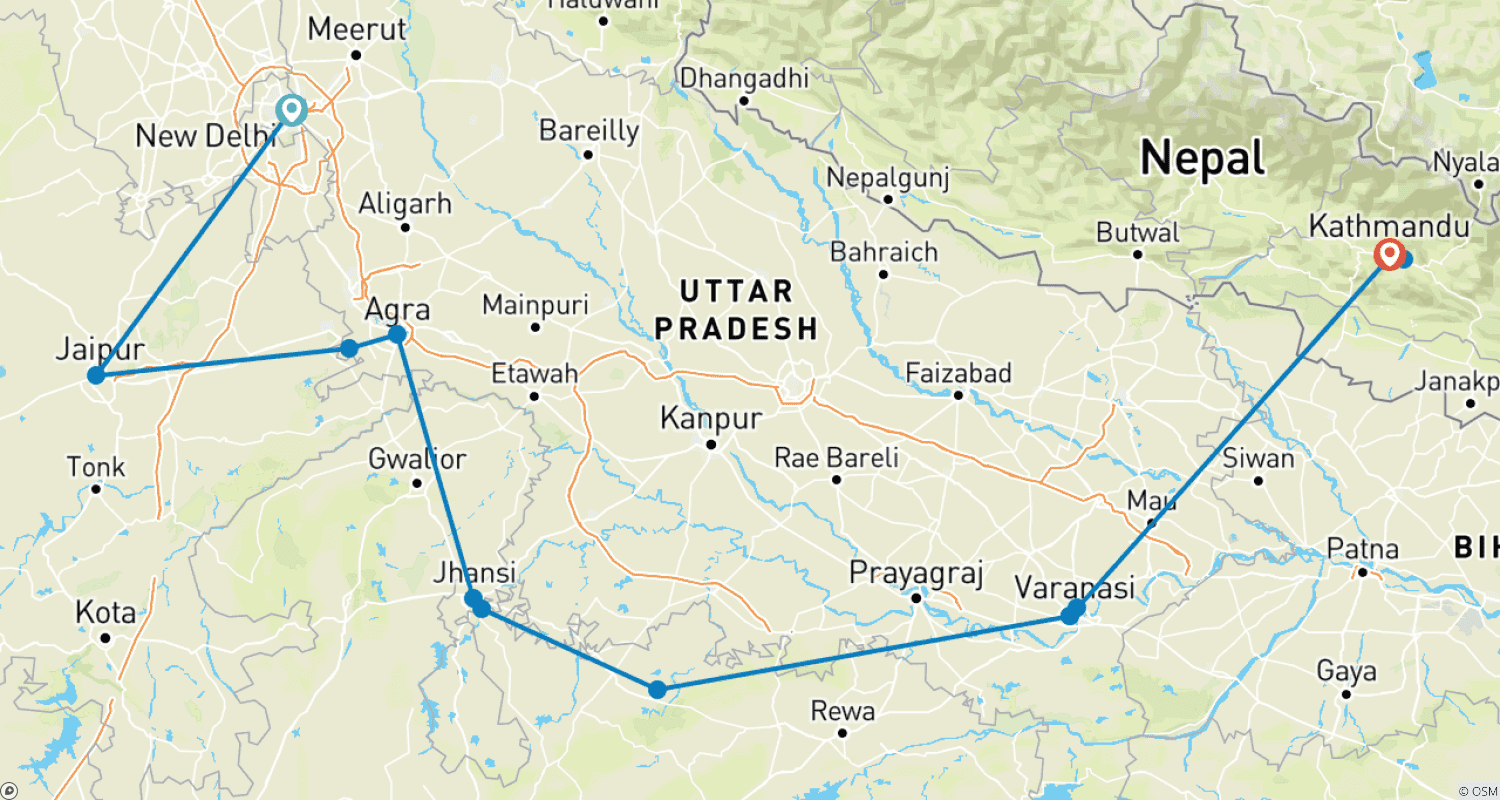 Mapa trasy: Najlepsze z Północnych Indii i Nepalu
