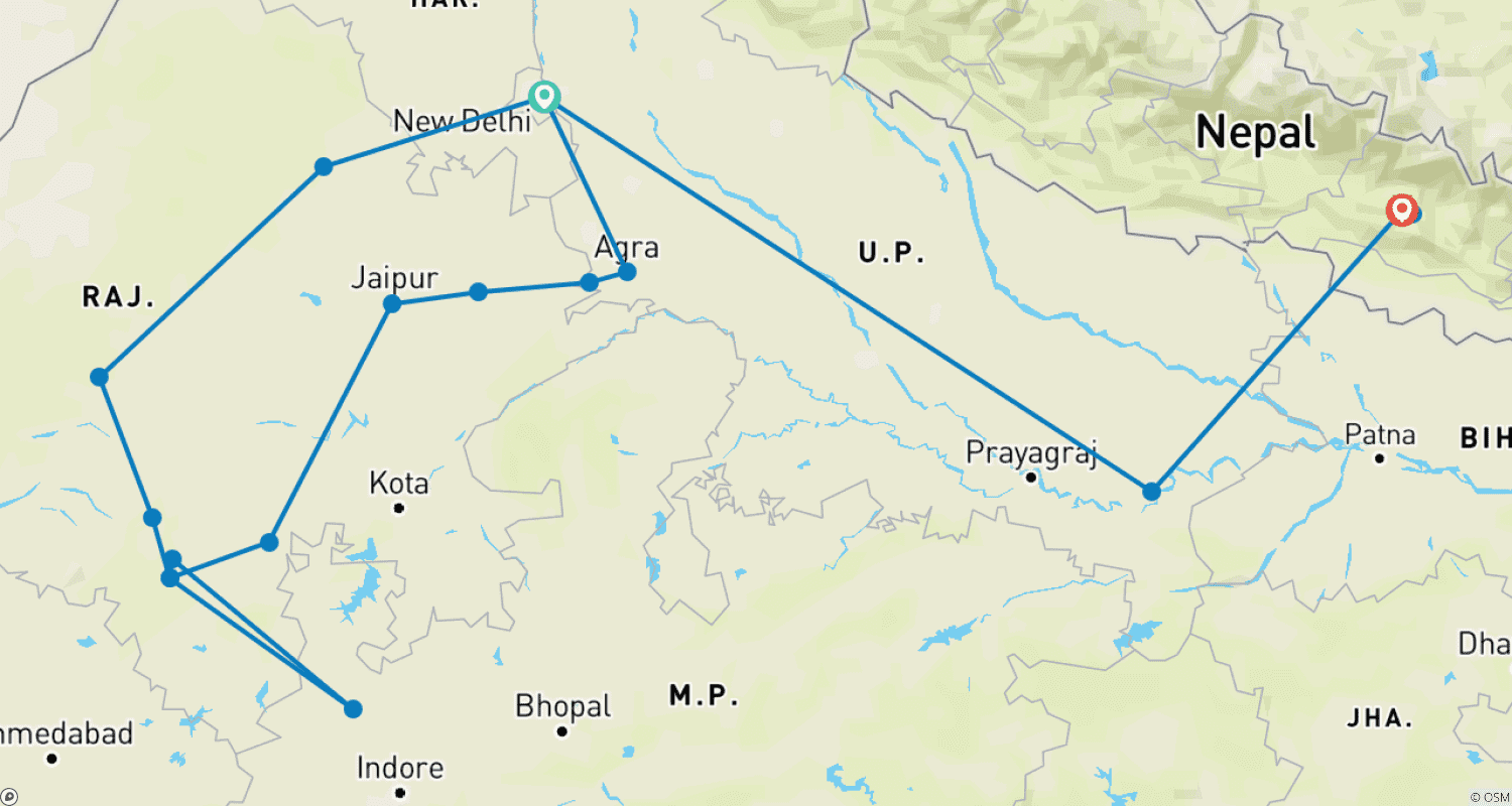 Mapa do percurso de O Melhor do Rajastão e Nepal