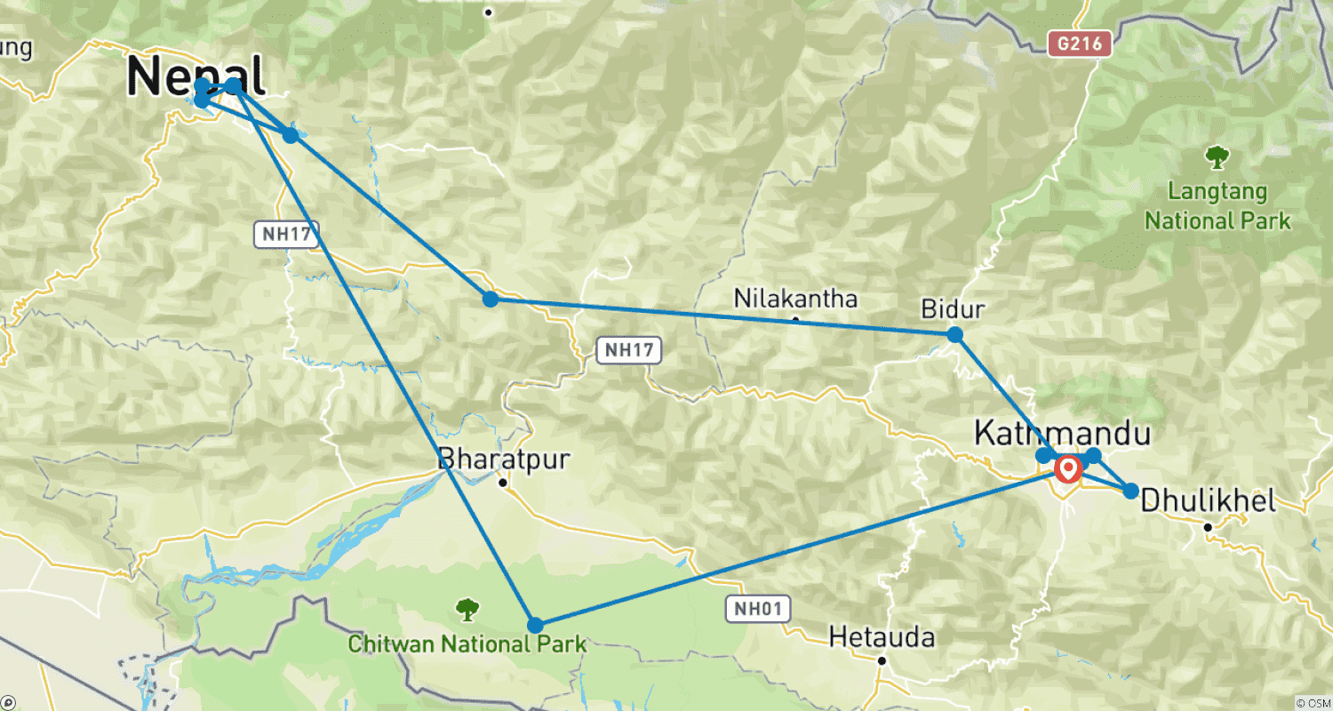 Mapa do percurso de Maravilhas do Nepal