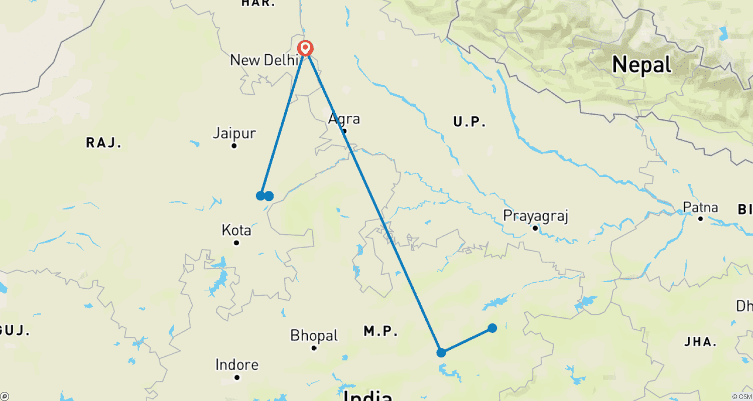 India Tiger Safari Tourのルートマップ