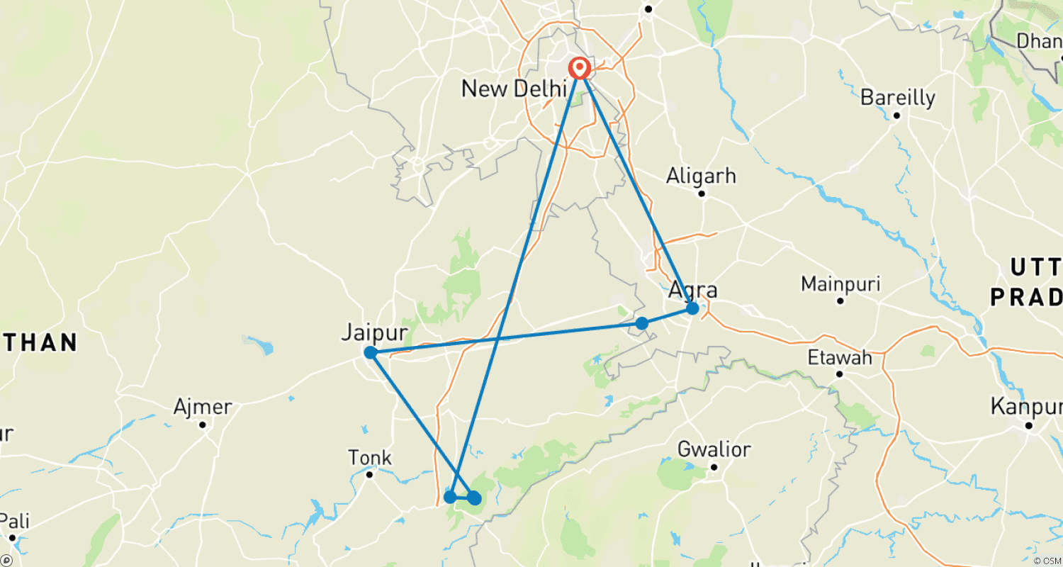 Mapa do percurso de Excursão Triângulo Dourado com Safári de Tigres
