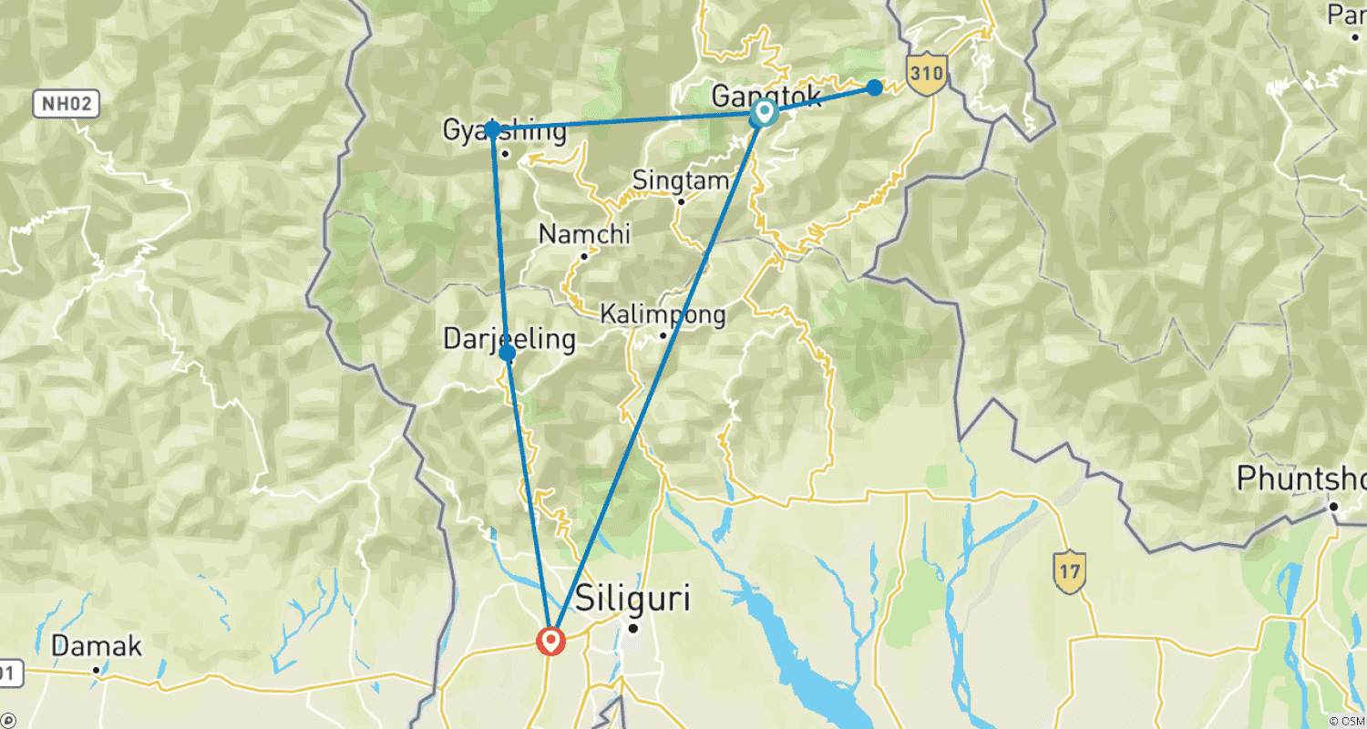 خريطة مسار جولة إلى Sikkim