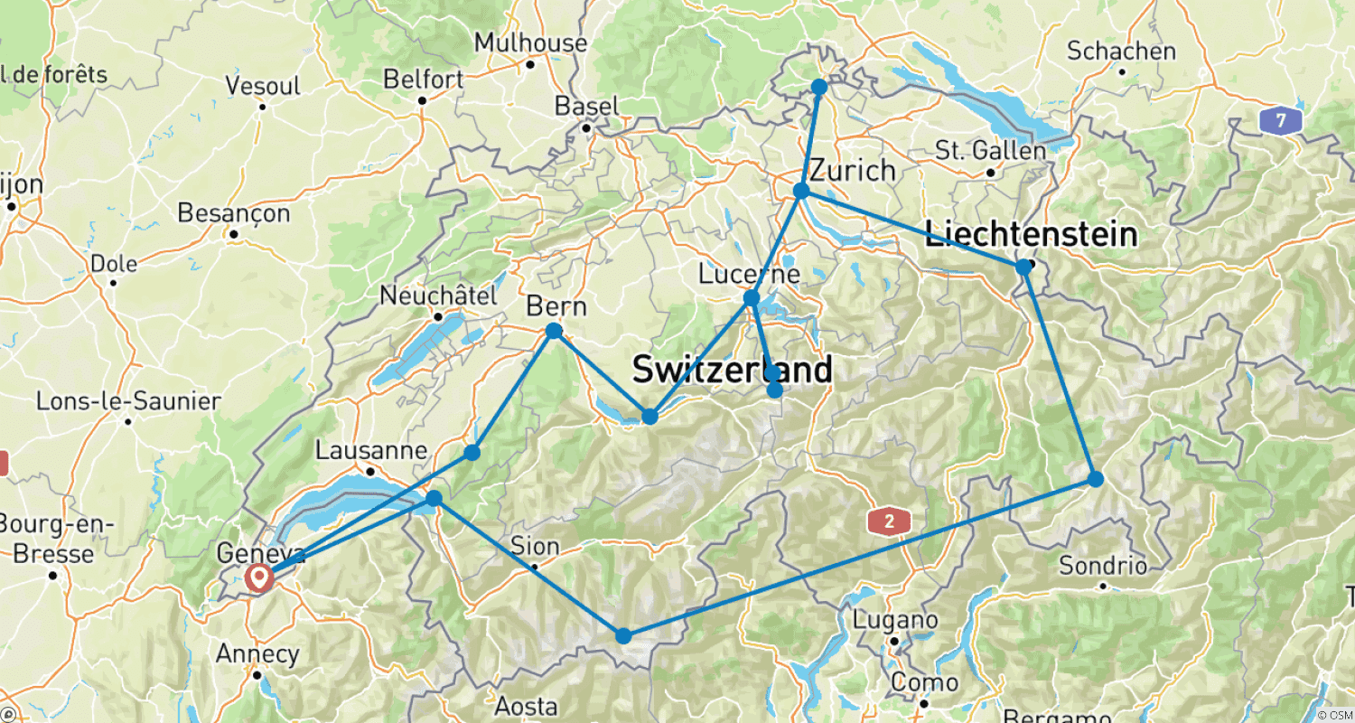Mapa do percurso de Customized 10 Days  Luxury Swiss Circle Tour with Daily Departure & 4-star Hotels
