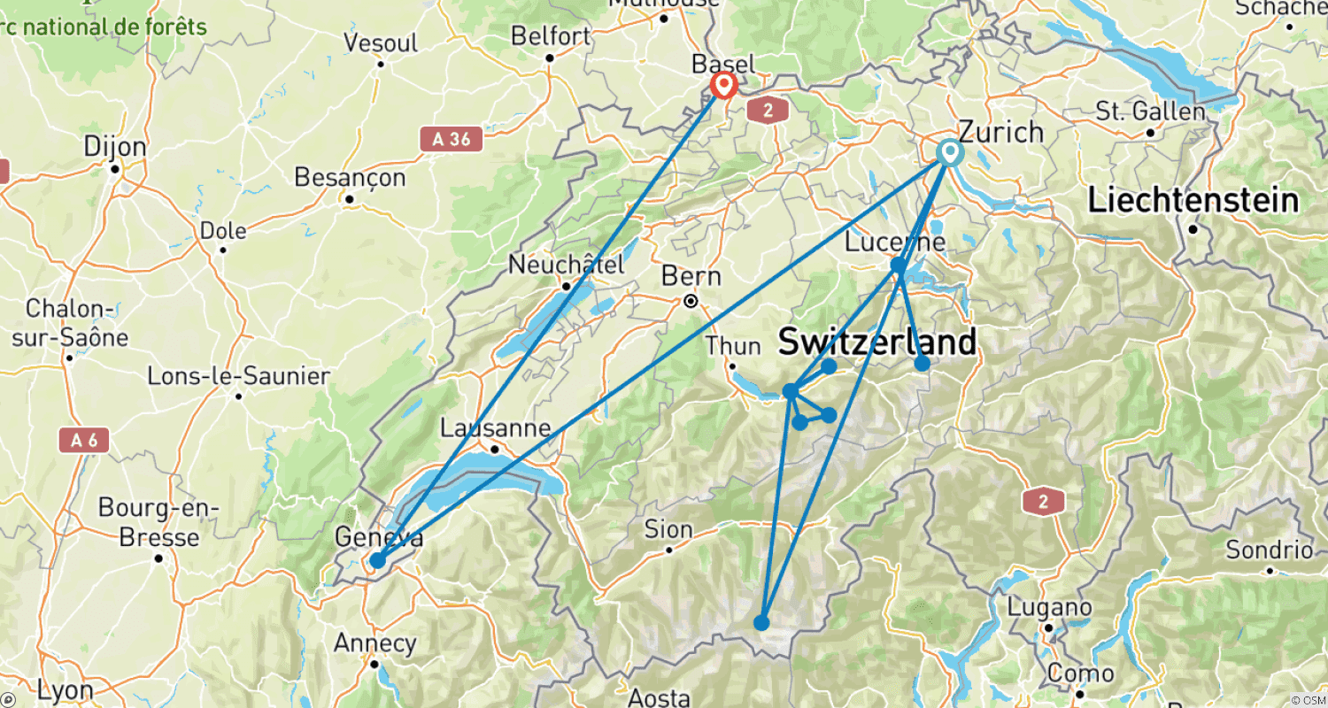 Mapa trasy: 6-dniowa Samodzielna Wycieczka po Szwajcarii: Szczyty Górskie i Hotele 4-gwiazdkowe