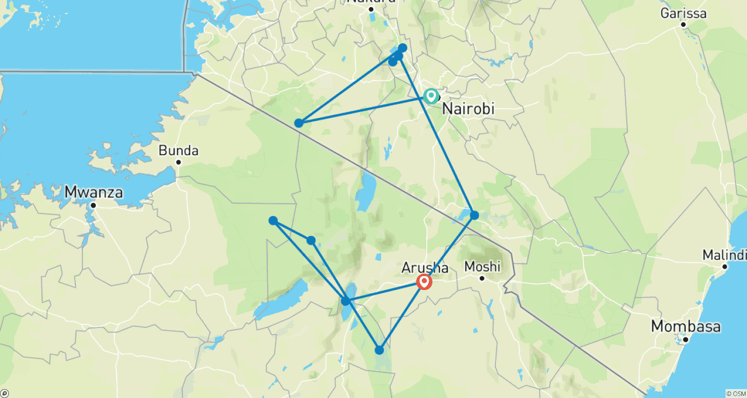 Mapa trasy: 10-dniowa połączona budżetowa przygoda safari w Kenii i Tanzanii