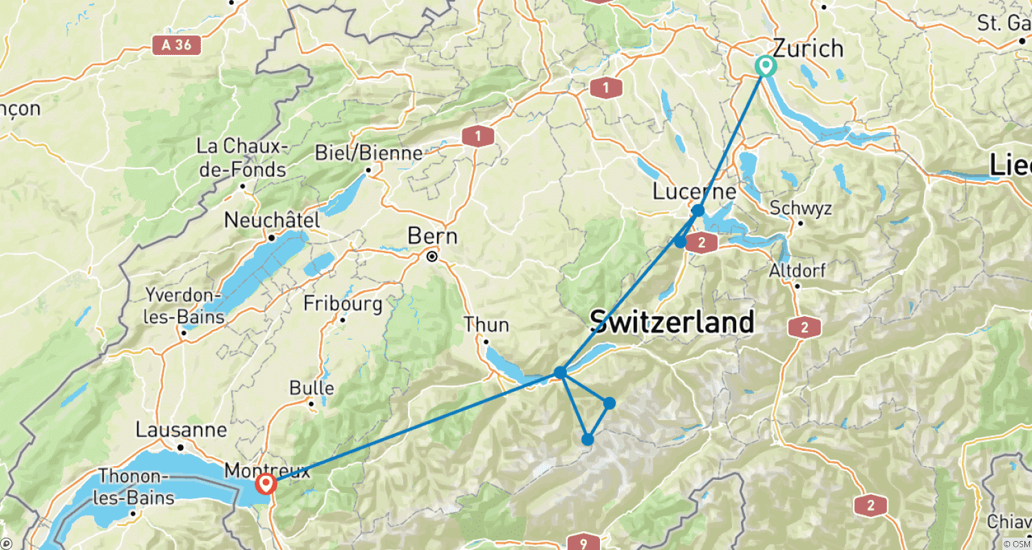 خريطة مسار Tailor-Made 7 Days Luxury Golden Pass Line of Switzerland Trip, Daily Depart