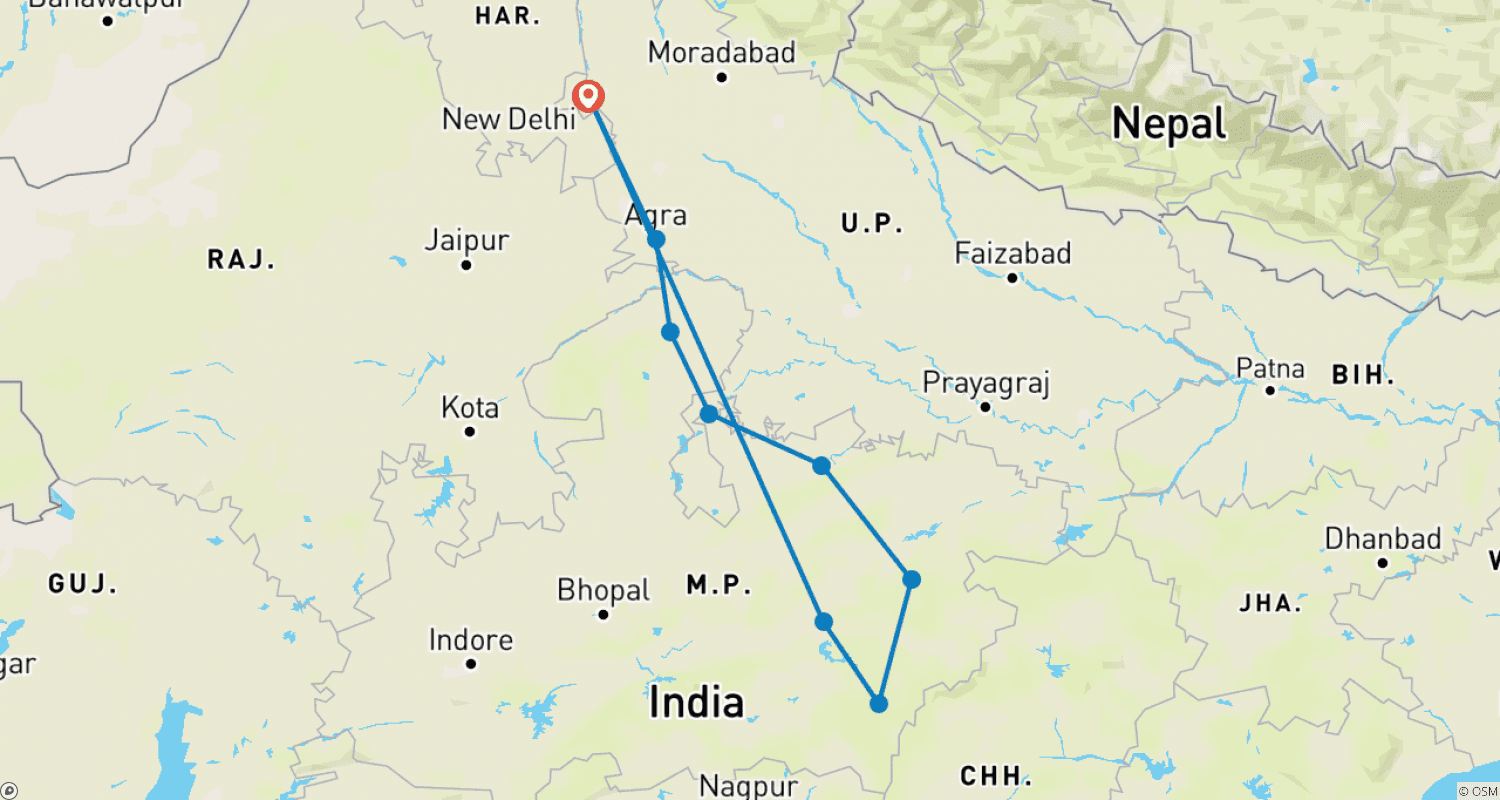 Mapa do percurso de Índia Central, Terra dos Tigres: Delhi, Agra, Bandhavgarh e Kanha - 12 Dias