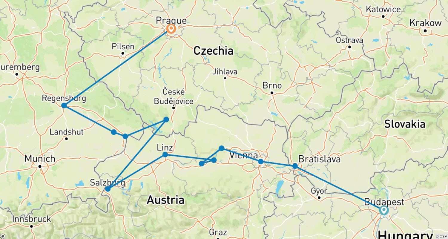 Mapa do percurso de Sonhos no Danúbio com 2 Noites em Praga (Sentido Oeste) 2023