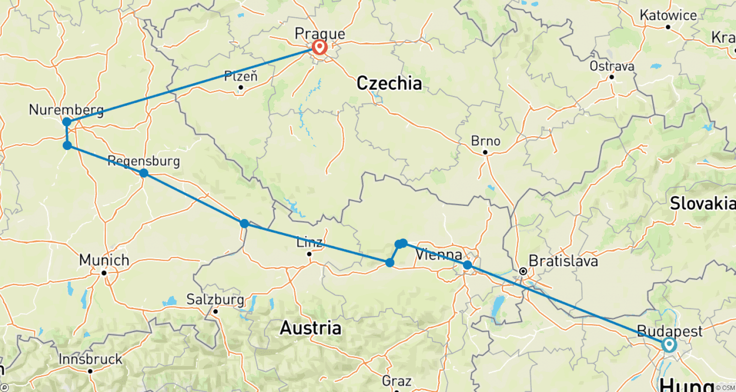 Mapa do percurso de A Descoberta do Danúbio Azul com 2 Noites em Budapeste e 2 Noites em Praga 2023