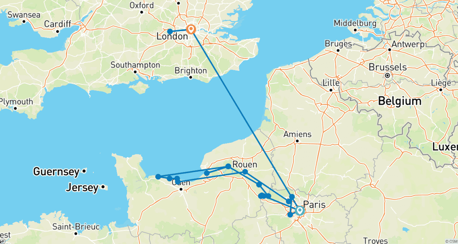 Mapa do percurso de De Paris à Normandia com 3 Noites em Londres 2026