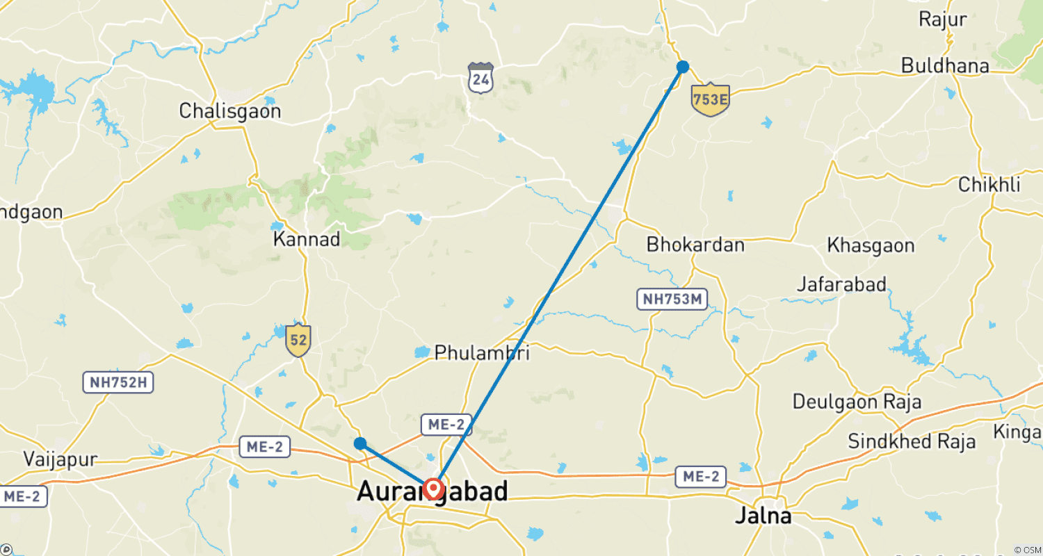 Mapa do percurso de Viagem às Cavernas de Ajanta Ellora - Aurangabad Maharashtra