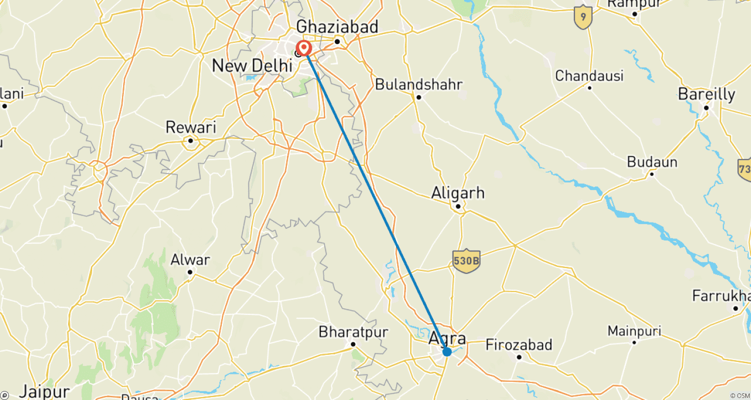 Mapa trasy: Prywatna nocna wycieczka do Tadż Mahal samochodem z Nowego Delhi