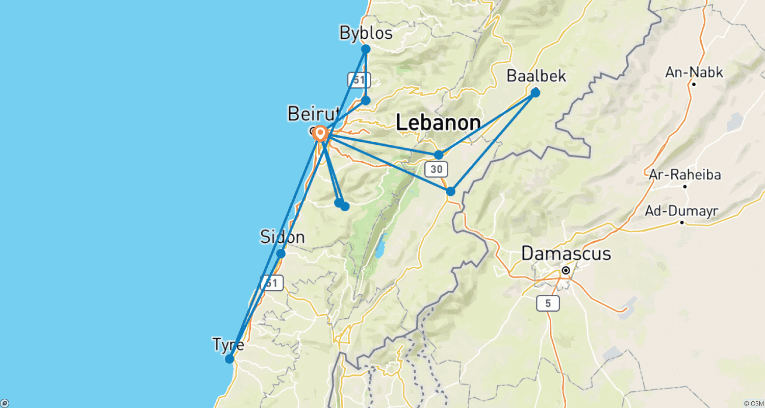 Mapa do percurso de Tour Familiar Personalizado de 7 Dias no Líbano com Partida Diária e Guia Privado