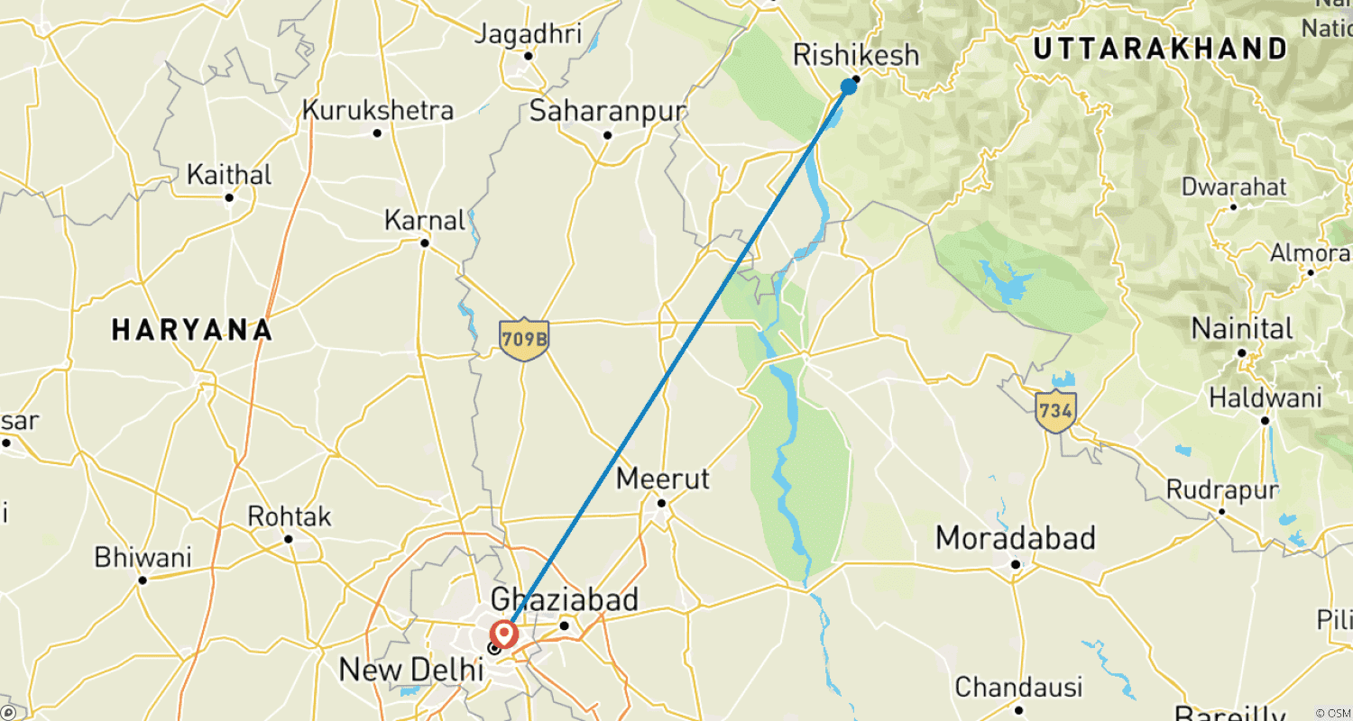 Mapa do percurso de Excursão Privada de 2 Noites e 3 Dias à Cidade Sagrada de Carro (Haridwar, Rishikesh) saindo de Nova Delhi