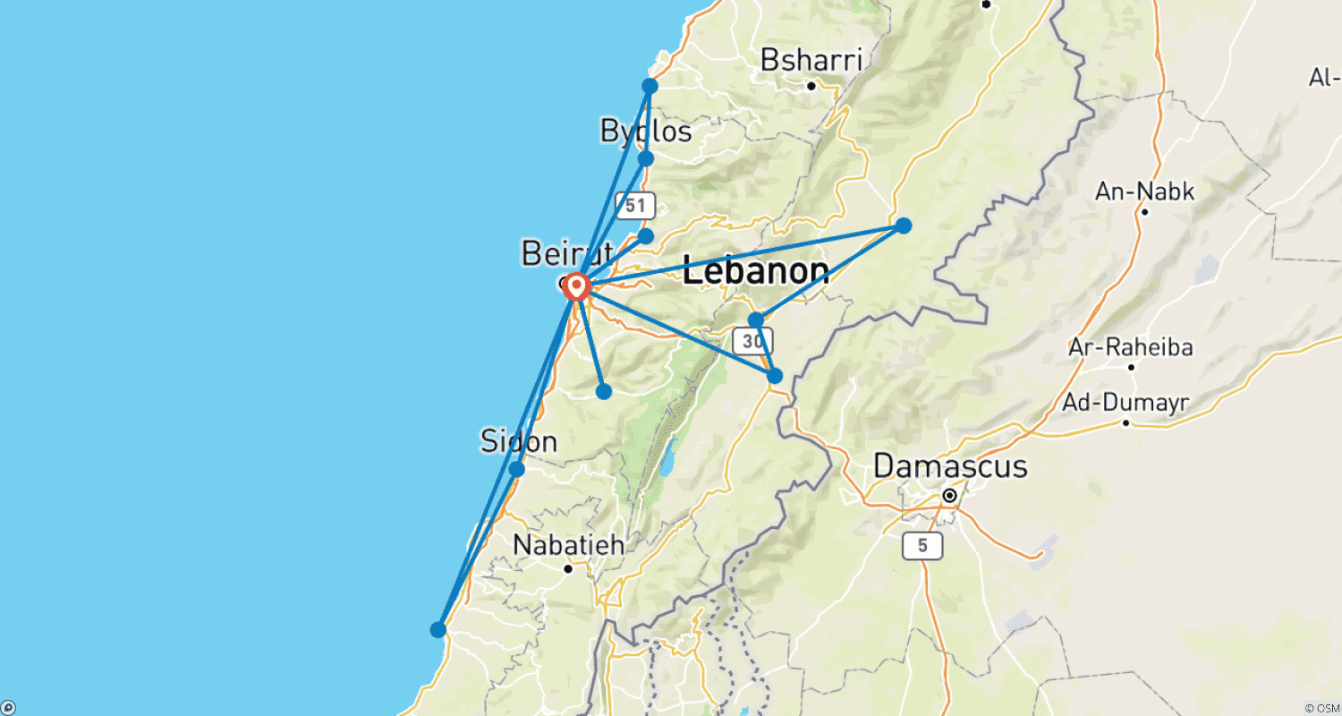 Mapa do percurso de Viagem Privada Clássica de 7 Dias Personalizada ao Líbano com Hotel 4 Estrelas, Partidas Diárias