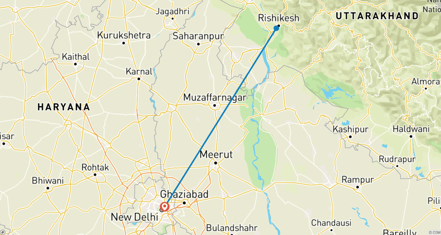 Mapa trasy: 3-dniowa wycieczka do Rishikesh z Delhi