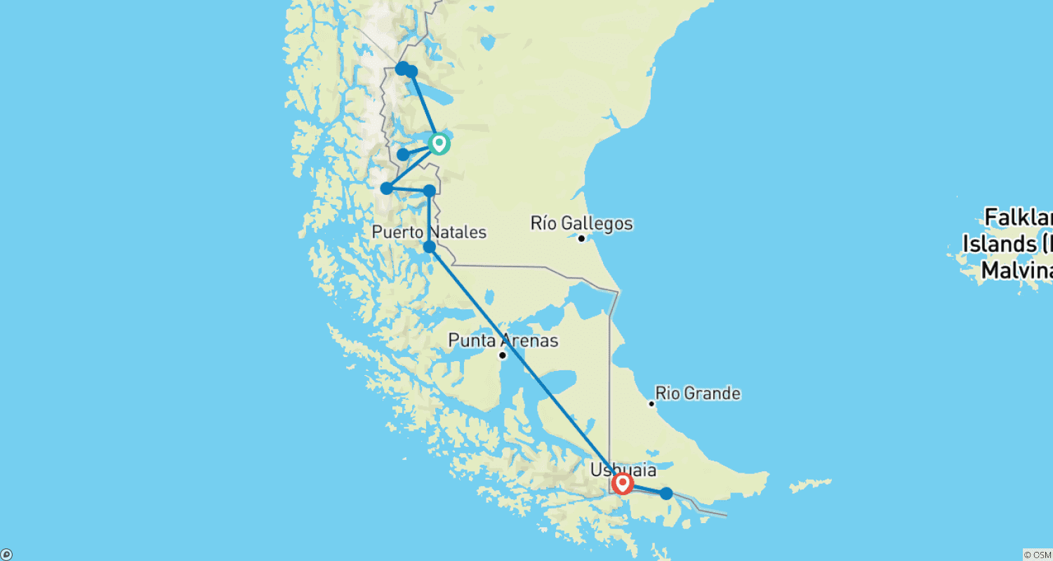 Mapa trasy: Pełna przygoda w Patagonii — WYCIECZKA GRUPOWA