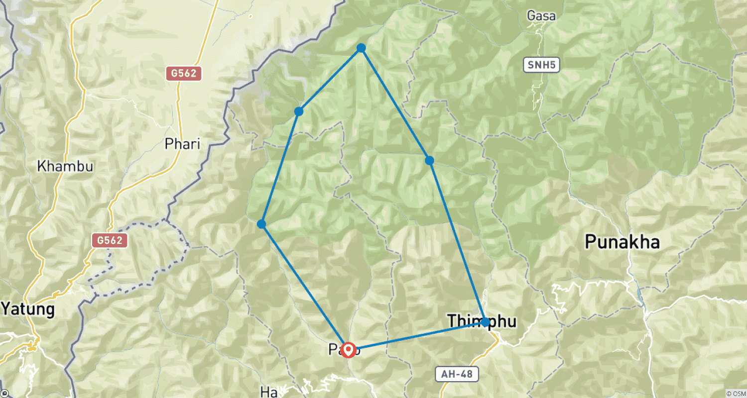 Mapa do percurso de Trekking no Butão (Jomolhari Trek)