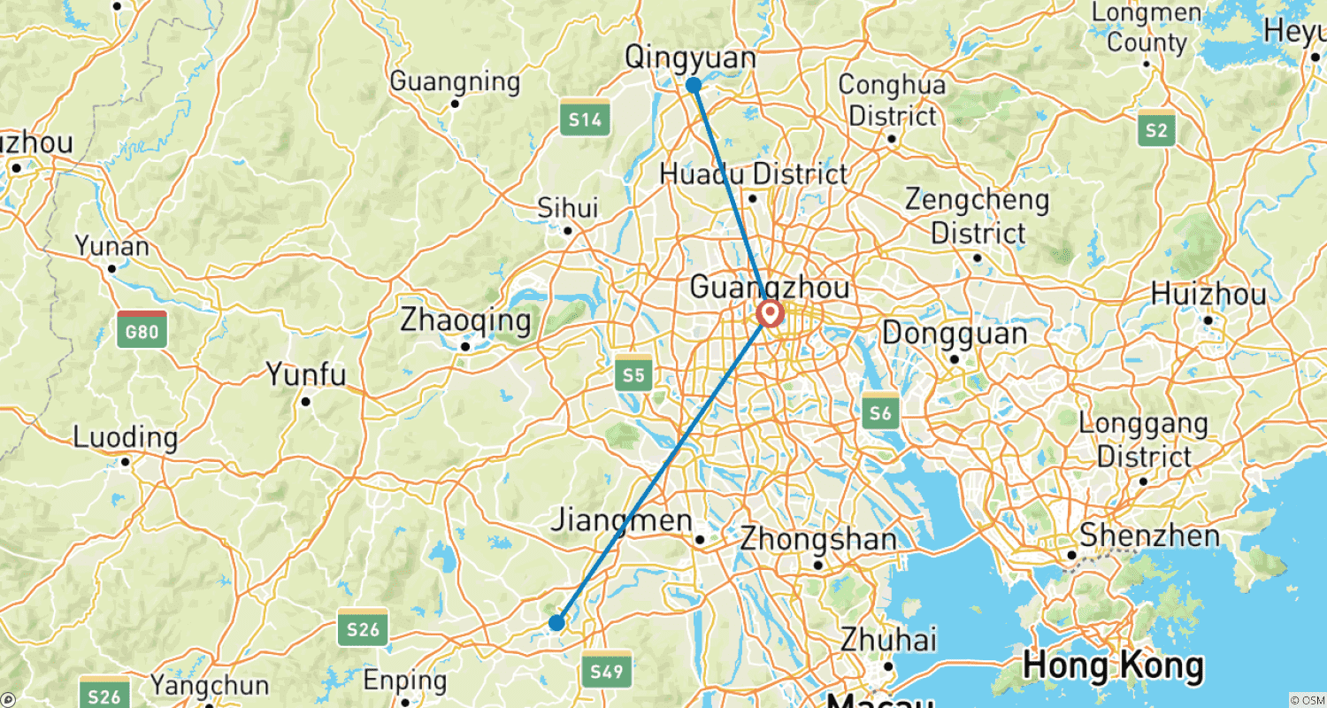 Mapa trasy: Klasyczna wycieczka po Guangdong: Guangzhou, Kaiping, Kanion Gulong, Korytarz Yingxi, Góra Danxia – 6 dni