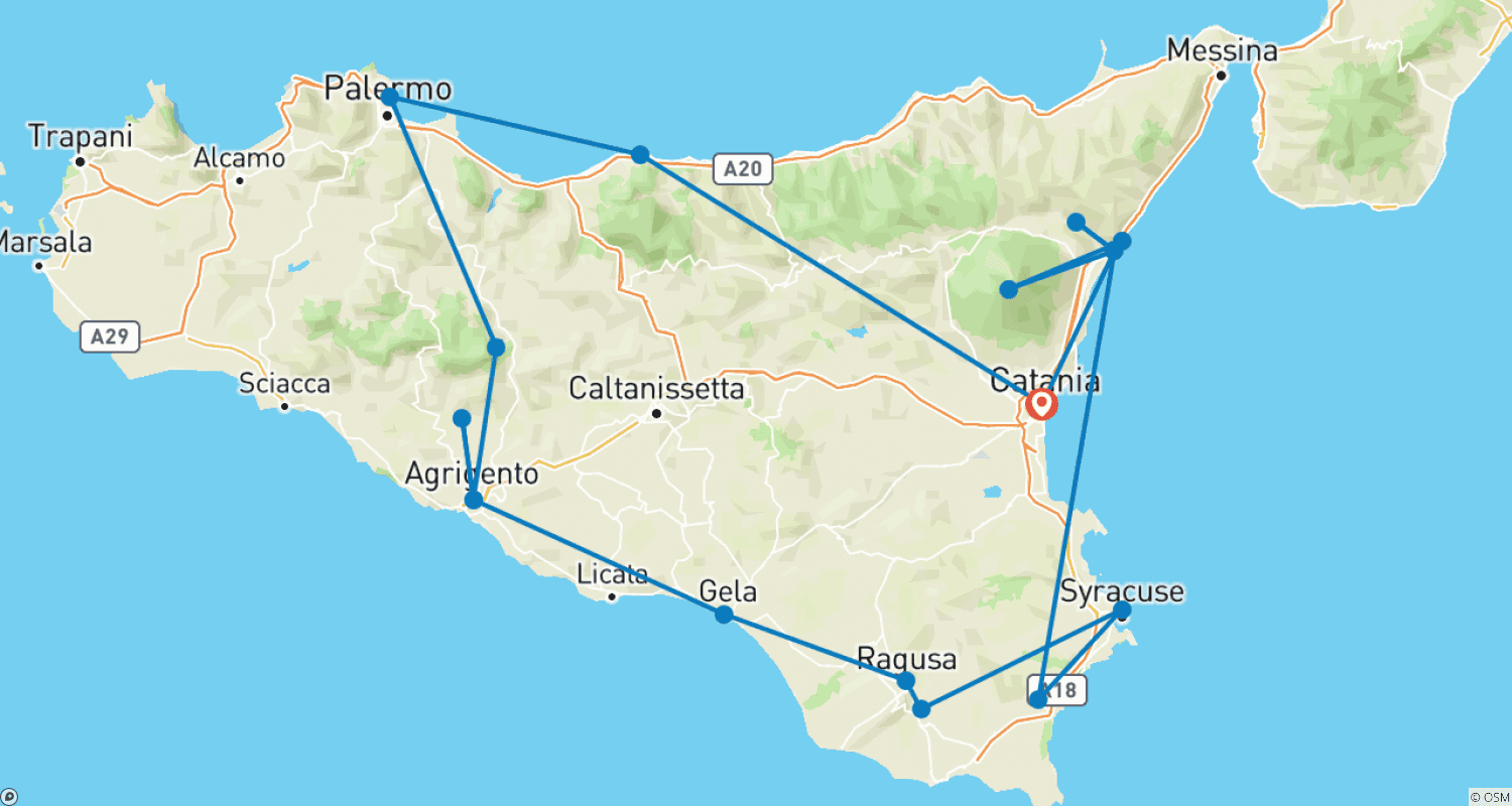 Sicily - 9-Day Adventure Tourのルートマップ