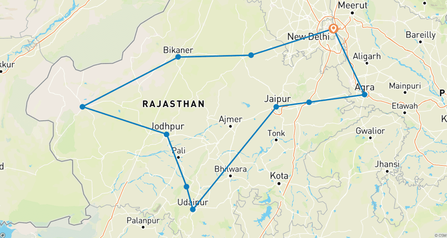 12日間：デリー発 クラシック Rajasthan ツアーのルートマップ